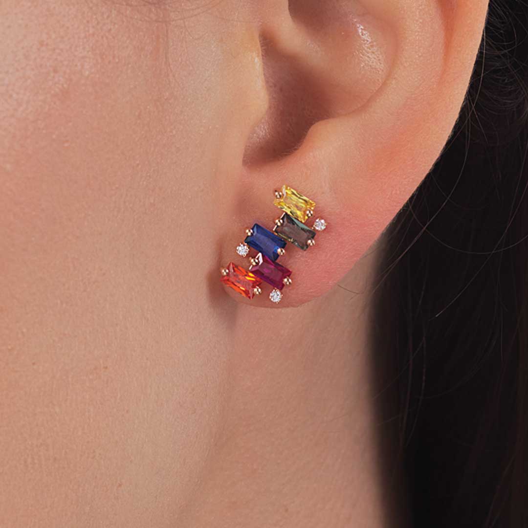 Earrings Rose Gold Diamond Steps Colored Stones