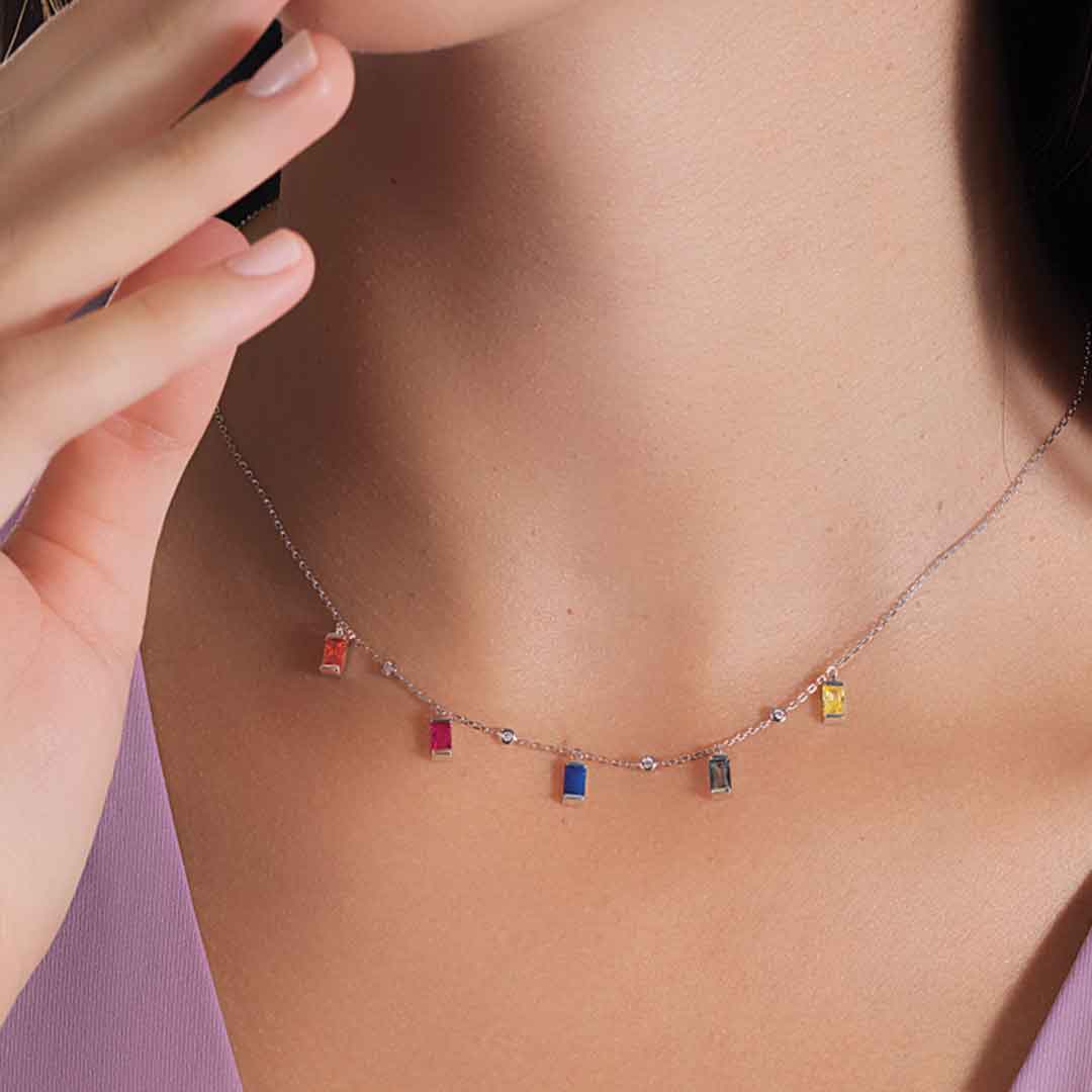 Necklace White Gold Diamond Dangling Colored Stones