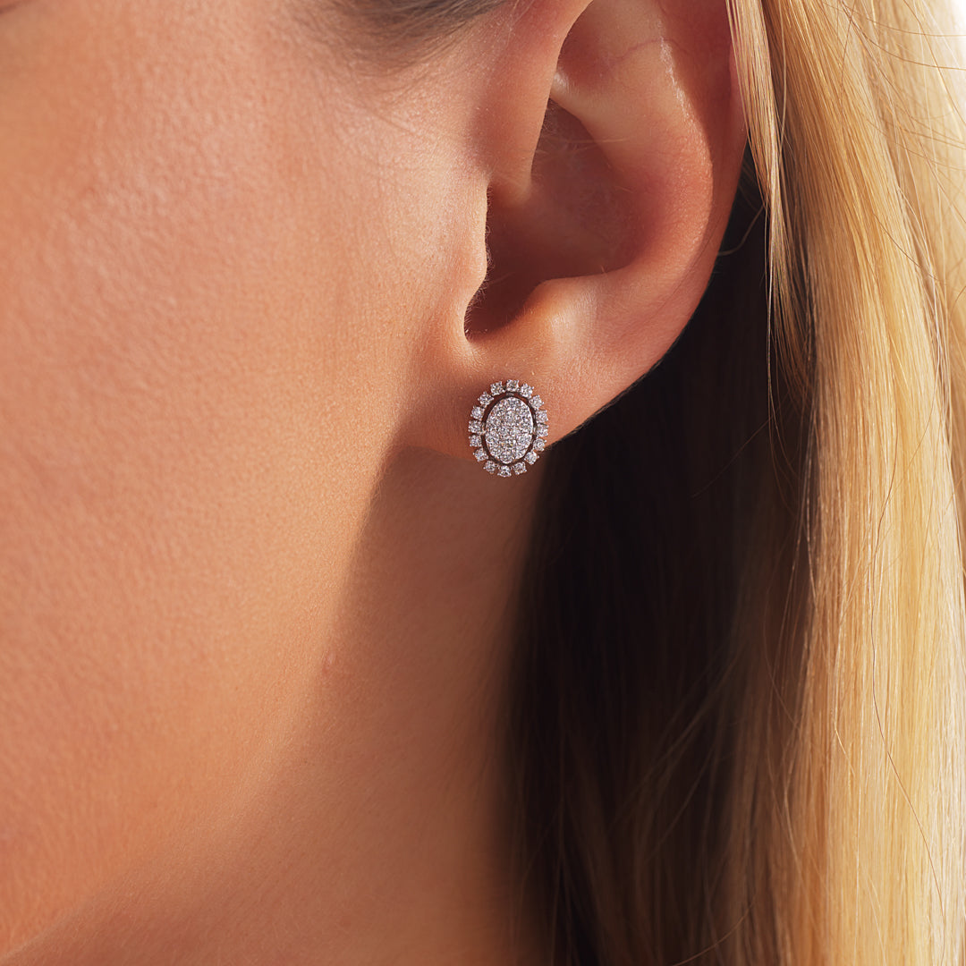Oval Earrings Single Halo White Gold Diamond