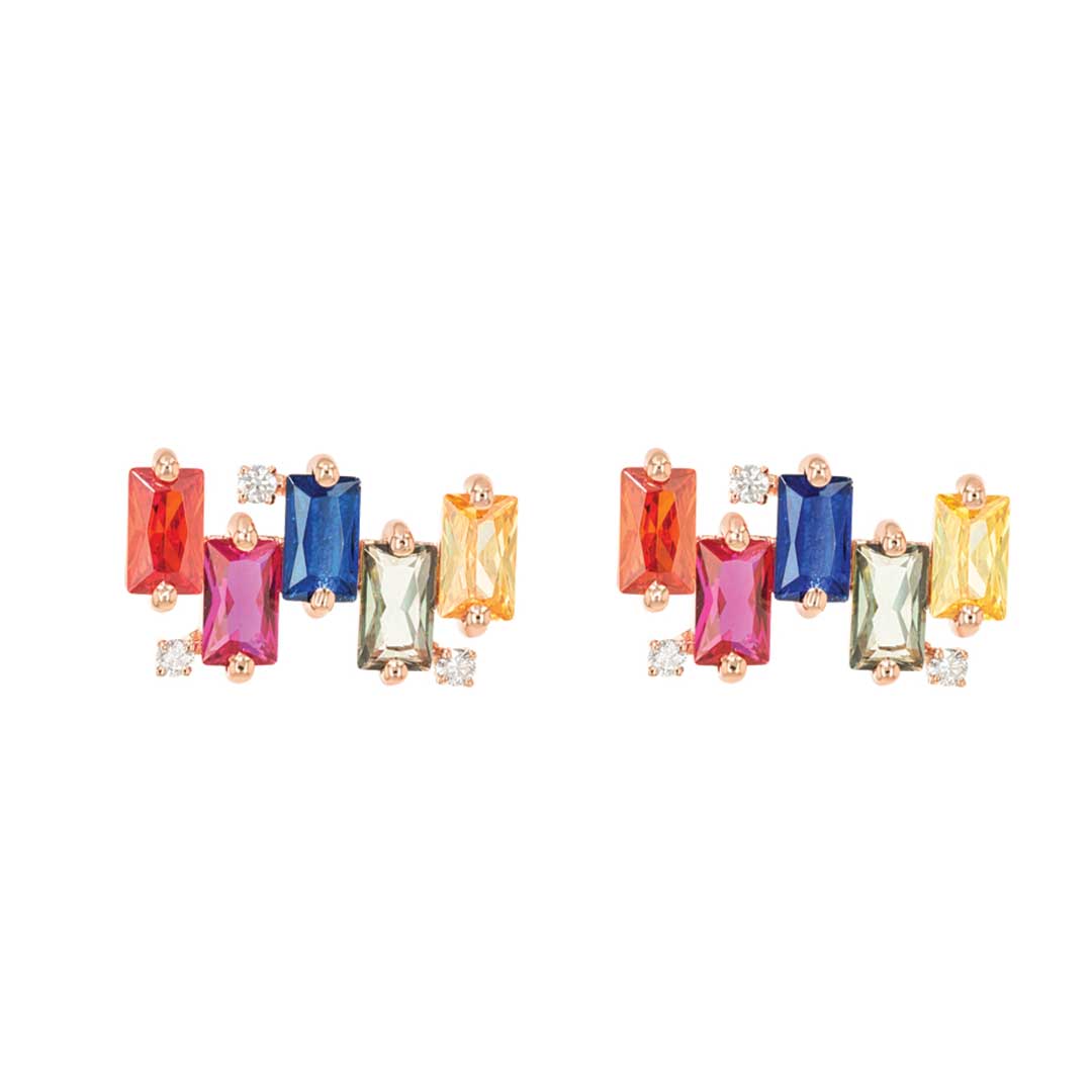 Earrings Rose Gold Diamond Steps Colored Stone