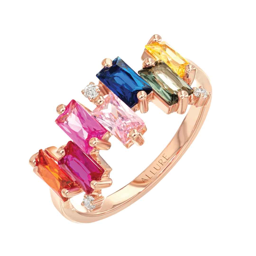 Ring Rose Gold Diamond Steps Colored Stone