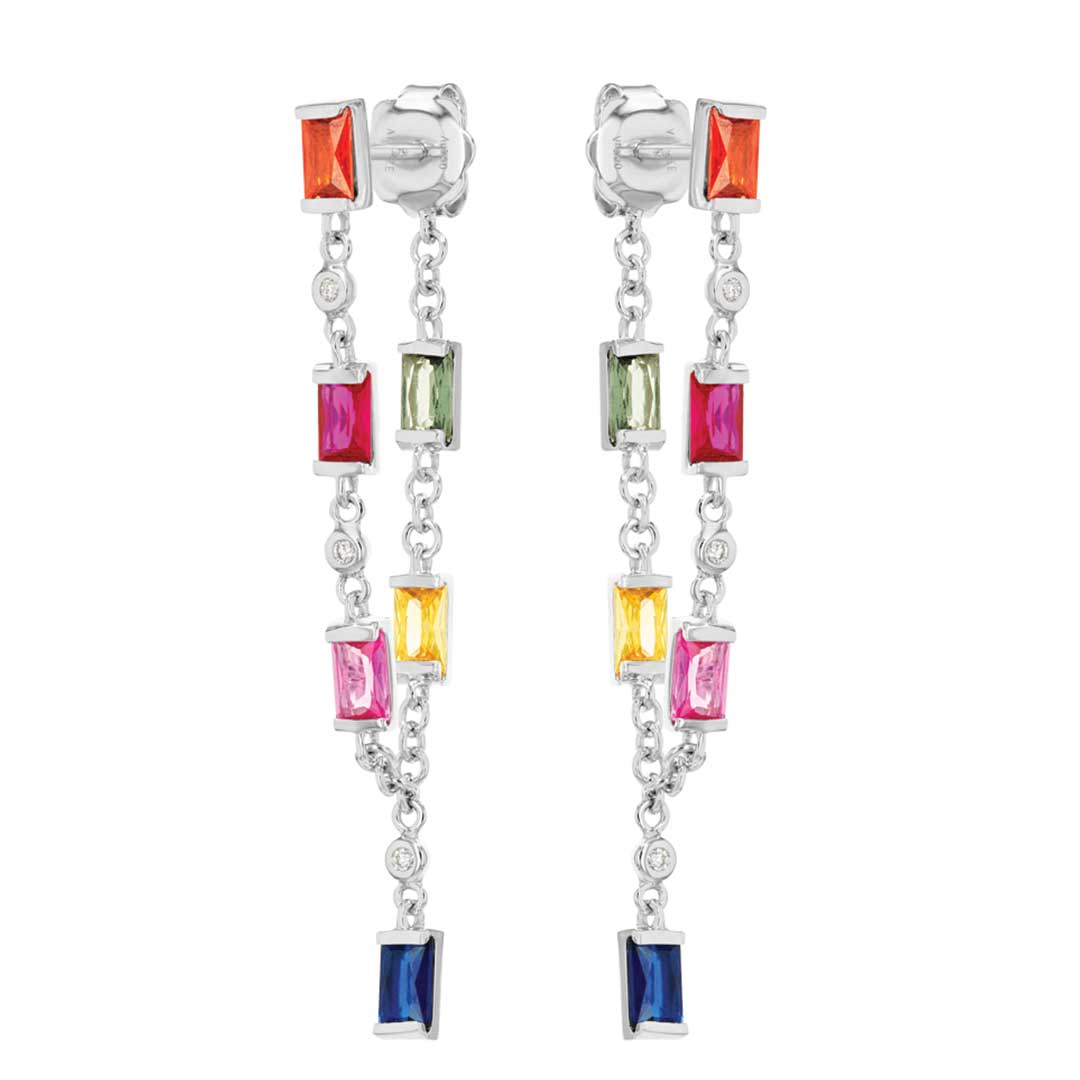 Earrings White Gold Diamond Dangling Colored Stones