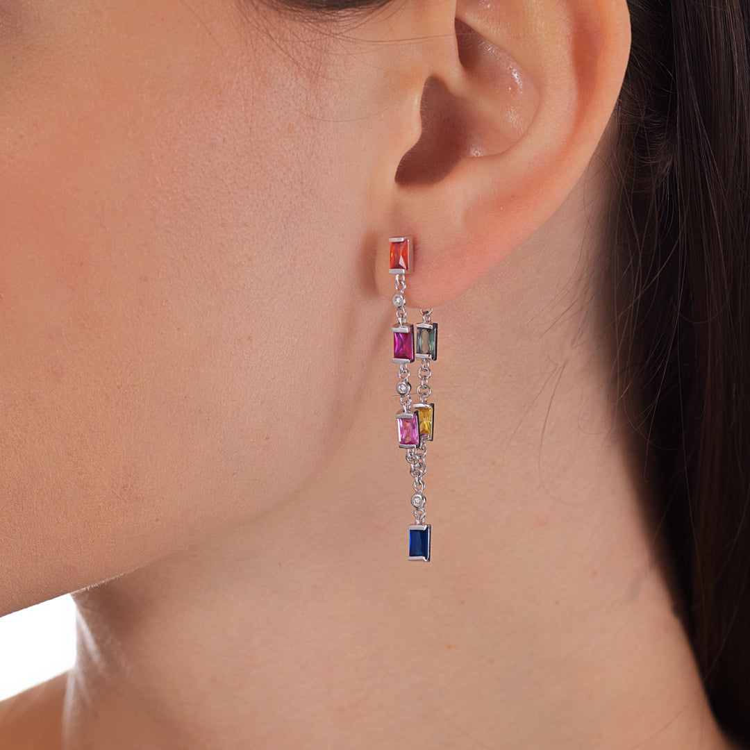 Earrings White Gold Diamond Dangling Colored Stones