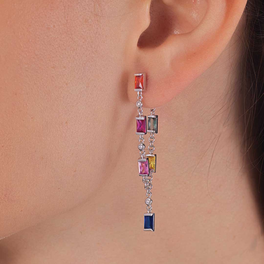 Earrings White Gold Diamond Dangling Colored Stones