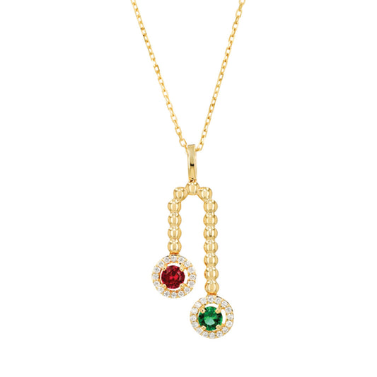 Chic Double Pendant Yellow Gold Diamond Colored Stone