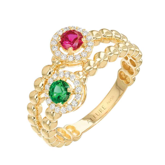 Chic Double Ring Yellow Gold Diamond Colored Stone