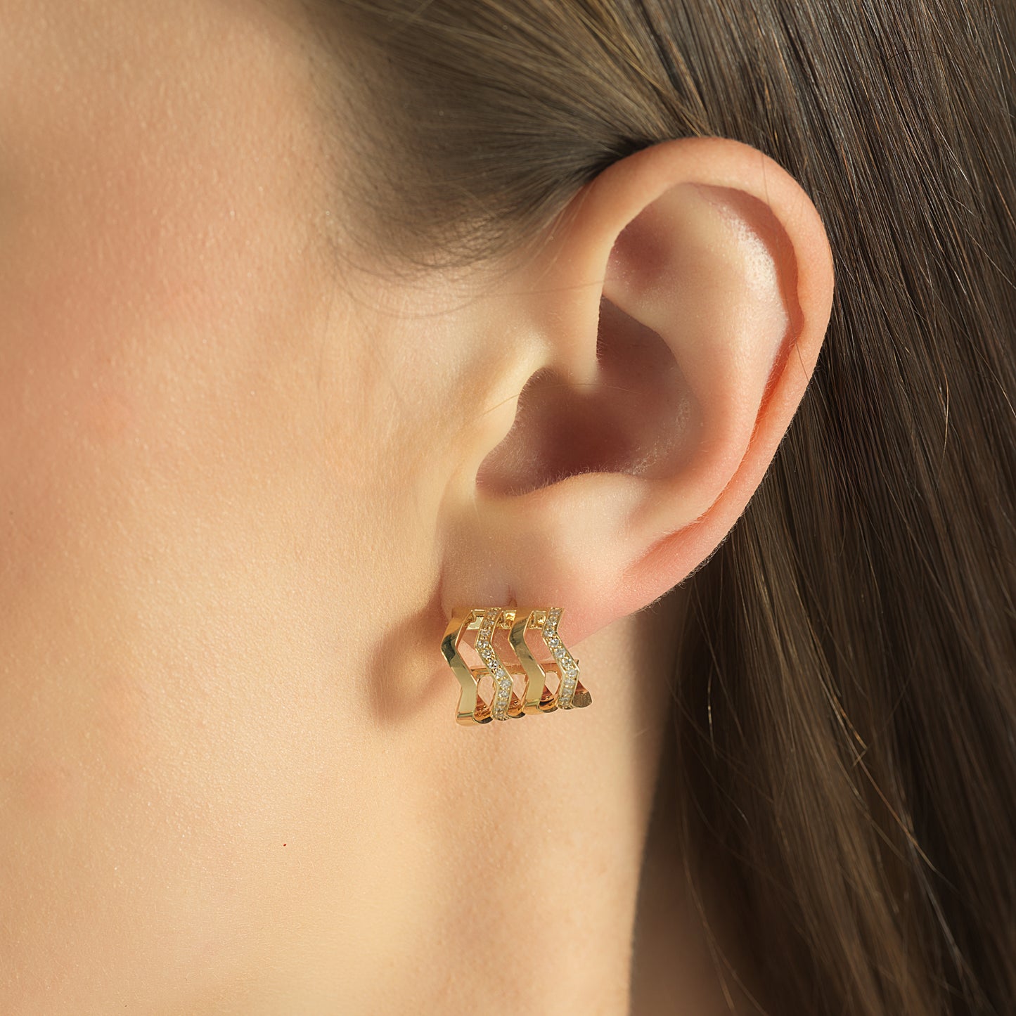 Riviera Stacked Mismatched Earrings Gold Diamond