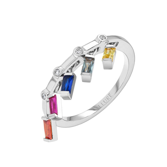 Ring White Gold Diamond Dangling Colored Stones