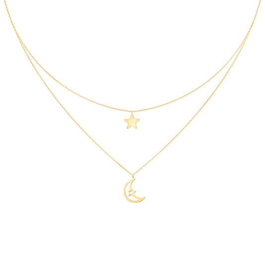 Double Chain Necklace Half Moon & Star Charms