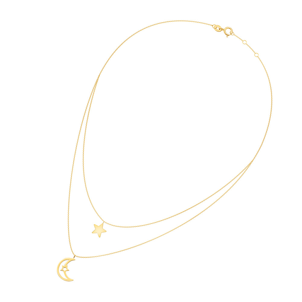 Double Chain Necklace Half Moon & Star Charms